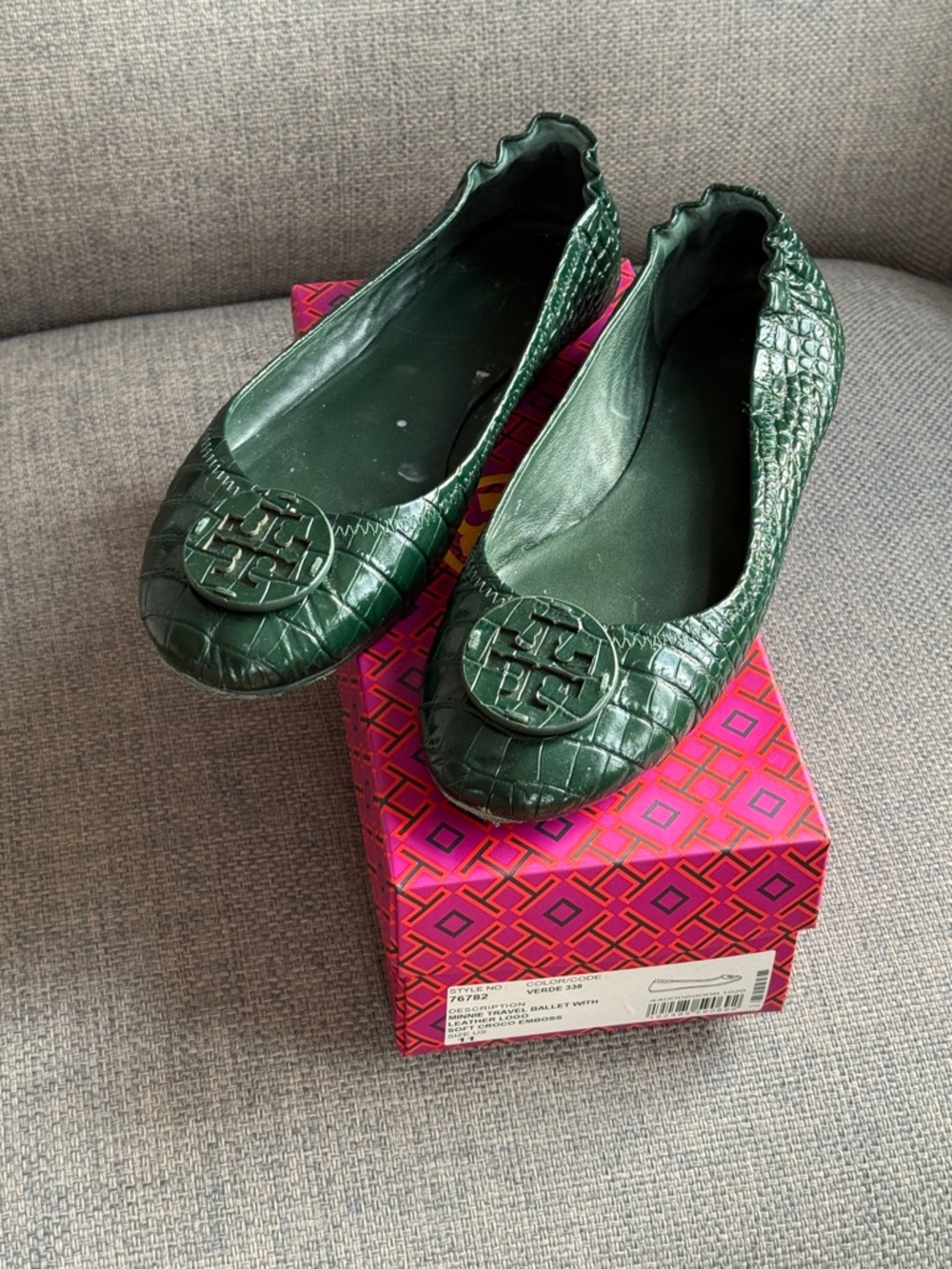 Tory Burch Emerald Croc-Embossed Minnie Ballet Flats sz 11